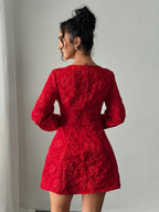 Vestido Elegante Vermelho Feminino - Manga Longa com Barra Flare, Lavável à máquina para Festas e Escritório ou Uso Diário em Todos os Estilos de Roupagem