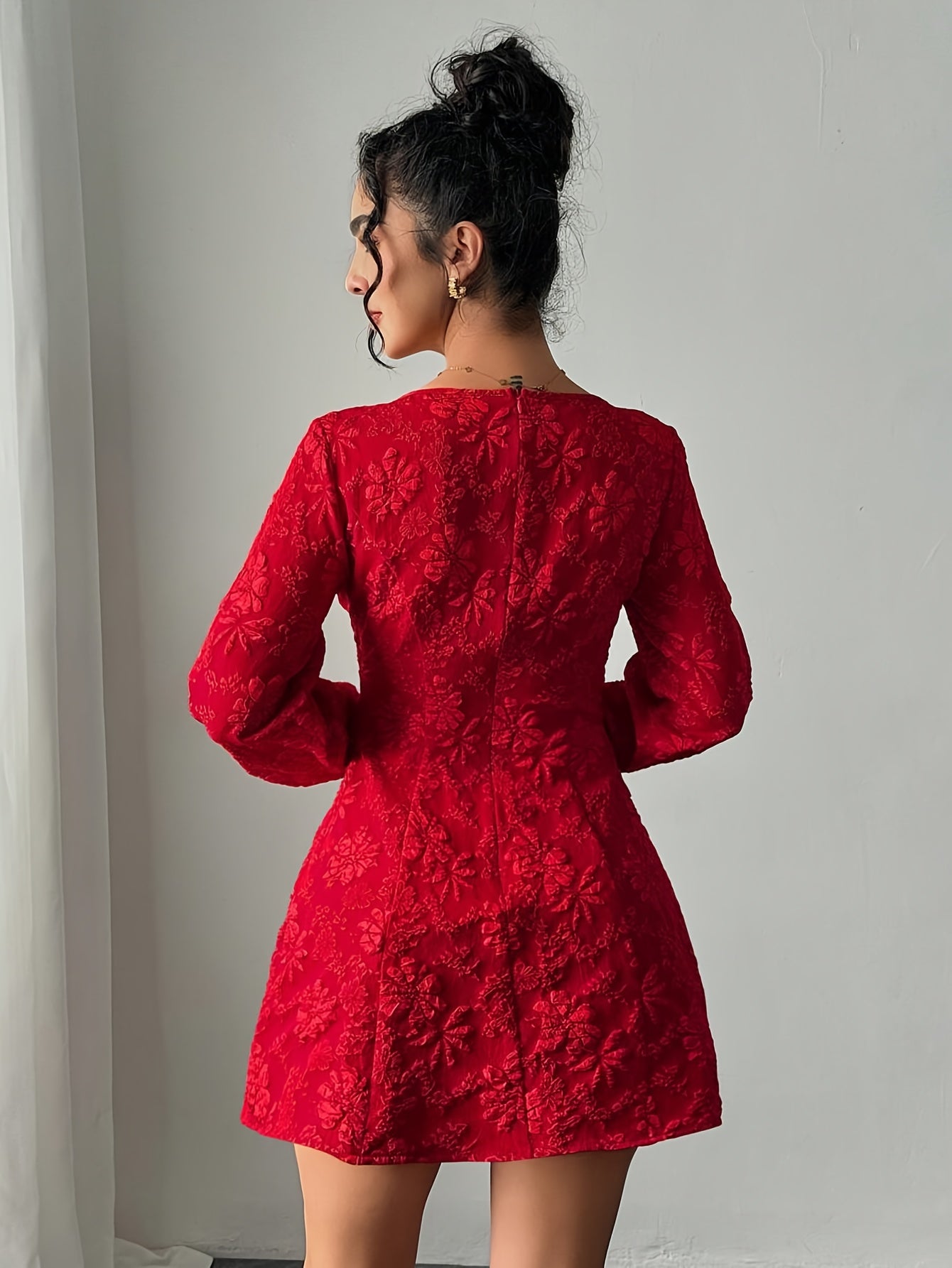 Vestido Elegante Vermelho Feminino - Manga Longa com Barra Flare, Lavável à máquina para Festas e Escritório ou Uso Diário em Todos os Estilos de Roupagem