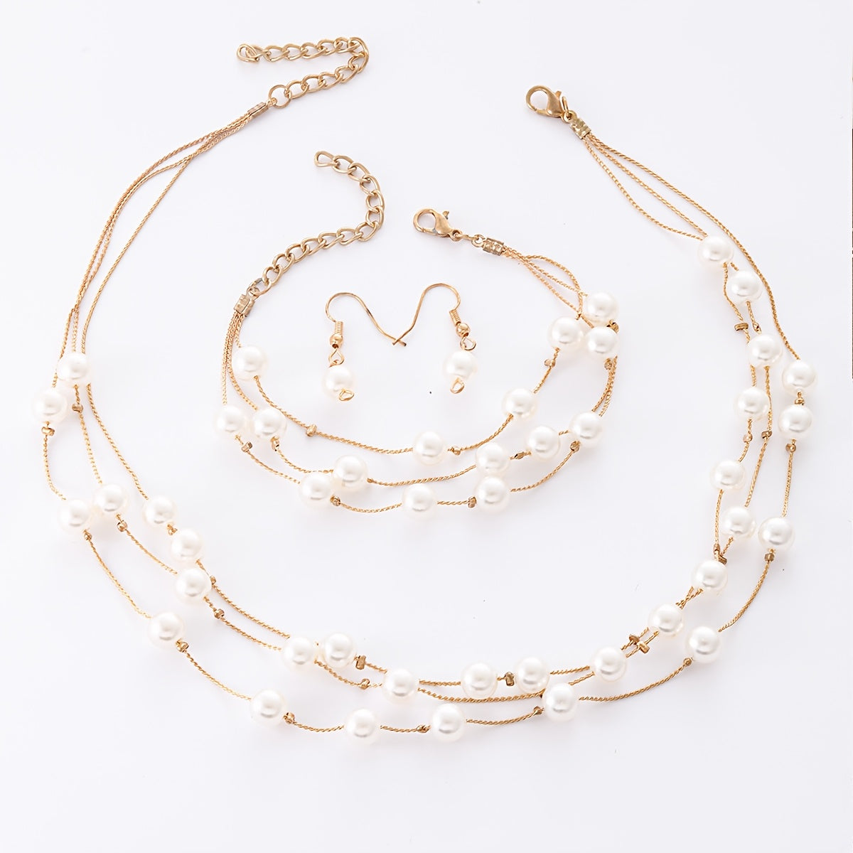 4 Peças Conjunto de Joias Elegante Vintage com Pérola Imitação - Colar Multicamadas, Brincos e Pulseira em Perelecação Dourada KC Espaçadores Ouro Banhado Presente Luxuoso para Casamento, Aniversário, Festa Acessível