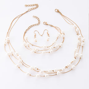 4 Peças Conjunto de Joias Elegante Vintage com Pérola Imitação - Colar Multicamadas, Brincos e Pulseira em Perelecação Dourada KC Espaçadores Ouro Banhado Presente Luxuoso para Casamento, Aniversário, Festa Acessível