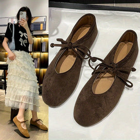 Ballets Retro Mary Jane Femininos - Corte Baixo, Slip-On com Atacadores, Sola EVA Ultra Suave e Biqueira Redonda - Castanho/ - Calçado Versátil, Confortável para Todas as Estações, Design Elegante, Para Amantes da Moda