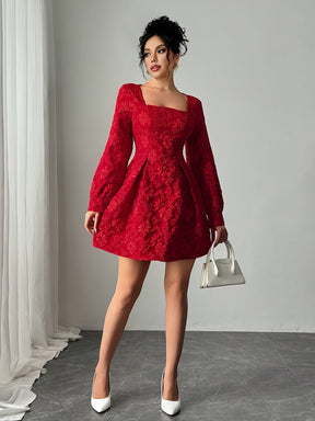 Vestido Elegante Vermelho Feminino - Manga Longa com Barra Flare, Lavável à máquina para Festas e Escritório ou Uso Diário em Todos os Estilos de Roupagem