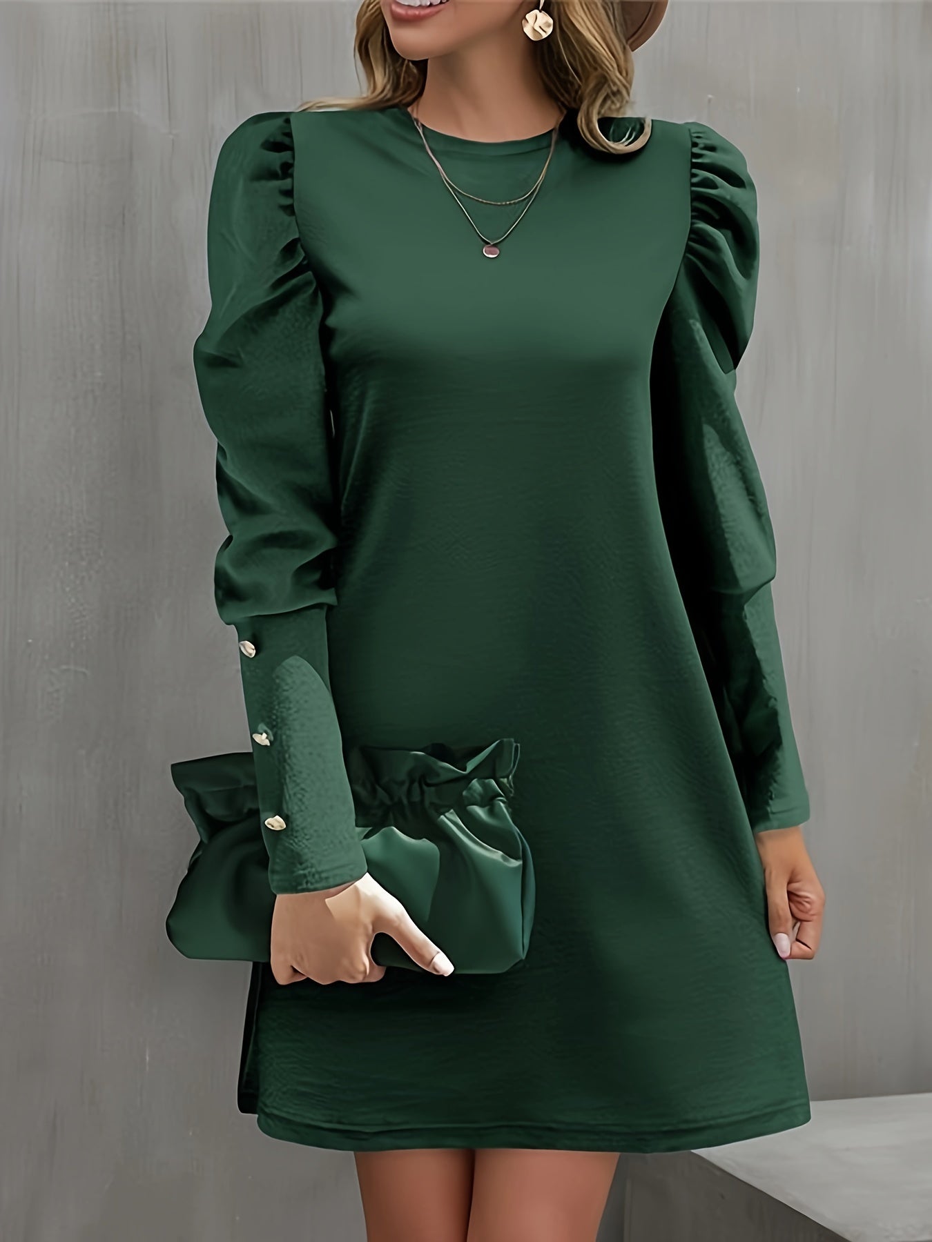 Long Sleeve Elegant Crew Neck Button Decor Dress for Spring & Fall, Women's Clothing