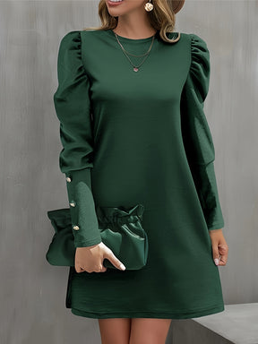 Long Sleeve Elegant Crew Neck Button Decor Dress for Spring & Fall, Women's Clothing