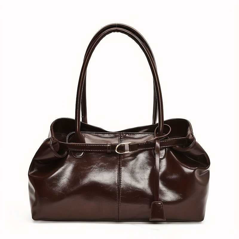 Bolsa Feminina Elegante - Tote de Grande Capacidade com Fecho IC e Detalhes Dourados, Preto Brilhante/Marrom Cintilante/Vermelho/Café - Bolsa Redonda Minimalista para Viagem ou Uso Diário - Necessaire Durável, Bolsas para Mulheres, Bolsa Tote para Mulheres, Bolsa de Ombro para Mulheres, Bolsas Tote para Mulheres, Bolsas Modernas para Mulheres, Bolsas de Mão para Mulheres, Bolsa Urbana, Bolsas para Mulheres, Bolsa Tote de Grande Capacidade, Mochila Universitária,