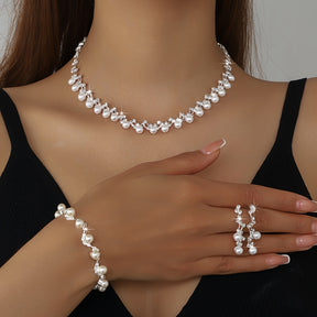 Conjunto de colar, pulseira e brincos de pérolas de imitação de luxo - Elegante em branco K dourado, material principal de cobre, perfeito para festas e banquetes, acessório para o Dia de Ação de Graças, joias para todas as estações, acessórios para festas | Acessório elegante | Joias de pérolas de imitação