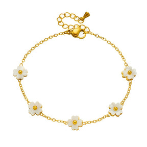 Pulseira elegante de aço inoxidável dourado com brincos de flores brancas - Design minimalista chique para mulheres, perfeito para uso diário ou presente, acessório para todas as estações, pulseira para