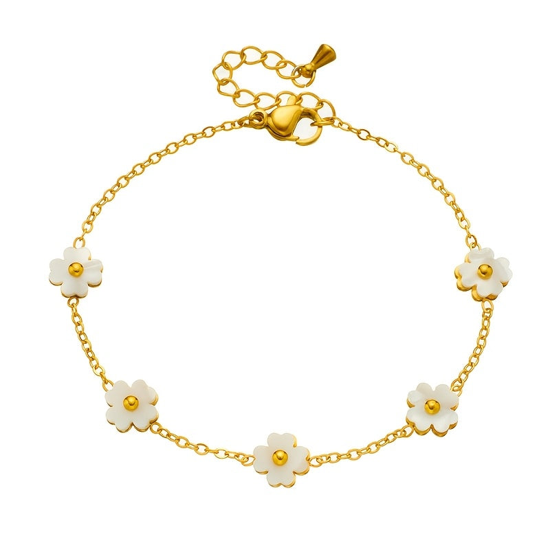 Pulseira elegante de aço inoxidável dourado com brincos de flores brancas - Design minimalista chique para mulheres, perfeito para uso diário ou presente, acessório para todas as estações, pulseira para