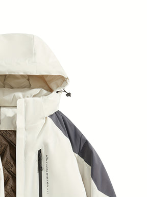 Jaqueta de Esqui Feminina à Prova de Vento e Isolada - Casaco de Inverno com Capuz, Bloco de Cores Branco/Preto, Mangas Longas com Bolsos Zíperados para Ski Alpino/Freestyle & Snowboard - Lavável em Máquina, Equipamento para Clima Frio, Estética Moderna, Material de Alta Performance, Para Entusiastas do Ar Livre