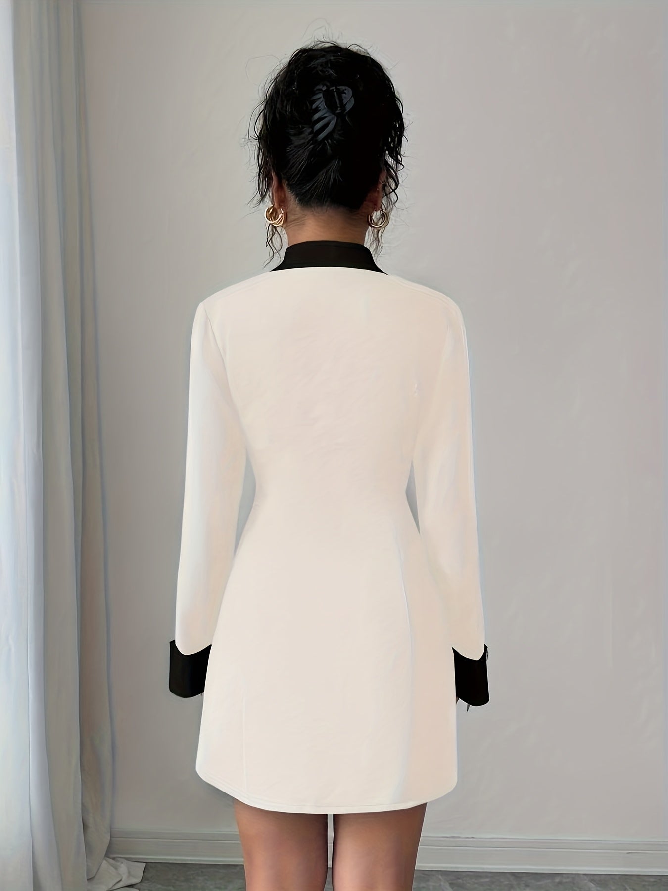 Women's French Elegant Collar Short Dress - Black & White Structured A-Line Short Dress with Double-Breasted Front Closure, Machine Washable All-Season Party Wedding Date Night Outfit, Tailleur-Inspired Jacket-Like Fit