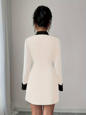 Women's French Elegant Collar Short Dress - Black & White Structured A-Line Short Dress with Double-Breasted Front Closure, Machine Washable All-Season Party Wedding Date Night Outfit, Tailleur-Inspired Jacket-Like Fit