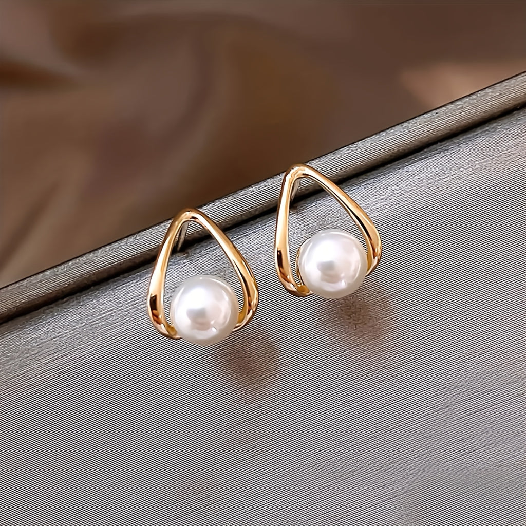 1 Par de Brincos Estilo Francês Retrô com Pérolas de Imitação Geométricas - Metal Dourado com Pérola Falsa, Joias Minimalistas para o Dia a Dia das Mulheres, Versáteis para Ocasiões Casuais e Formais, Acessórios Sazonais | Design Elegante