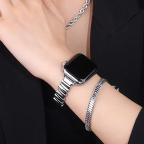 Pulseira de Malha de Aço Inoxidável Estilosa para Apple Watch - Serve de 38mm a 49mm, Compatível com Séries SE/10/9/8/7/6/5/4/3/2/1, Design, Fecho Duplo de Segurança