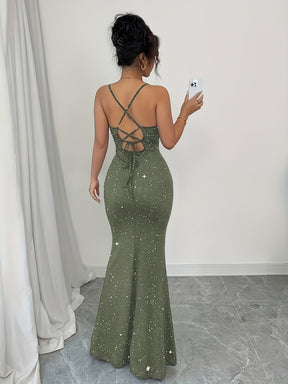 Vestido Elegante de Sereia para Mulheres com Alça nas Costas e Costas Cruzadas - Vestido de Cauda de Sereia com Zíper Exposto, Manga Curta e Cor Sólida Brilante para Casamentos na Praia, Formaturas, Festas - Vestido Formal de Primavera/Verão Lavável na Máquina