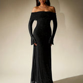Elegant Off-Shoulder Sequin Maxi Dress with Bell Sleeves