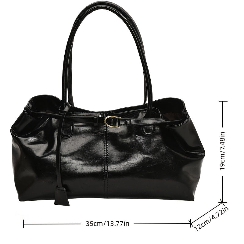 Bolsa Feminina Elegante - Tote de Grande Capacidade com Fecho IC e Detalhes Dourados, Preto Brilhante/Marrom Cintilante/Vermelho/Café - Bolsa Redonda Minimalista para Viagem ou Uso Diário - Necessaire Durável, Bolsas para Mulheres, Bolsa Tote para Mulheres, Bolsa de Ombro para Mulheres, Bolsas Tote para Mulheres, Bolsas Modernas para Mulheres, Bolsas de Mão para Mulheres, Bolsa Urbana, Bolsas para Mulheres, Bolsa Tote de Grande Capacidade, Mochila Universitária,