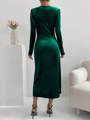 Vestido de Festa Elegante Feminino Estilo Francês - Midi Manga Longa com Pregas Verticais, Lavável na Máquina, Ideal para Casamentos e Eventos de Outono/Inverno