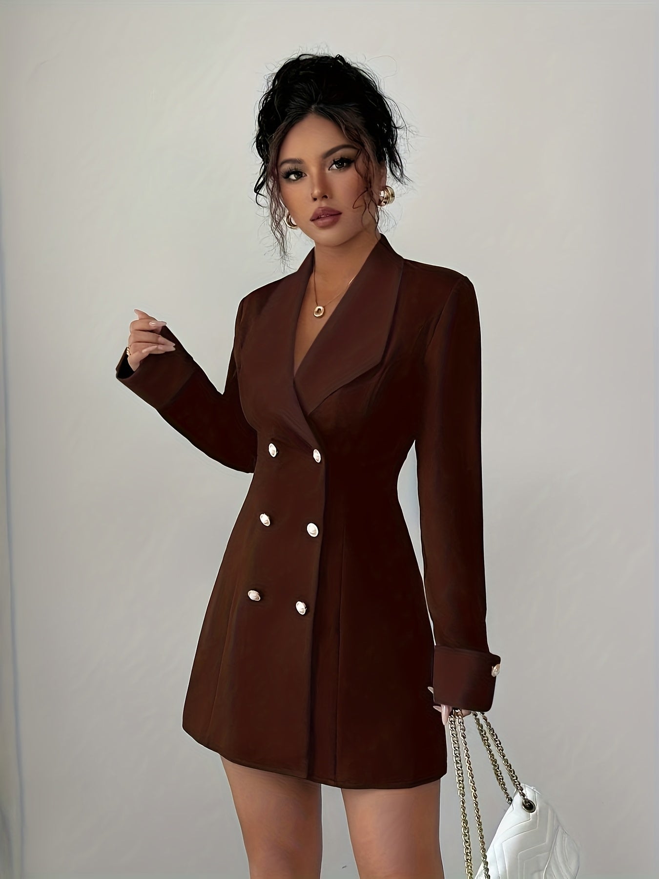 Women's French Elegant Collar Short Dress - Black & White Structured A-Line Short Dress with Double-Breasted Front Closure, Machine Washable All-Season Party Wedding Date Night Outfit, Tailleur-Inspired Jacket-Like Fit