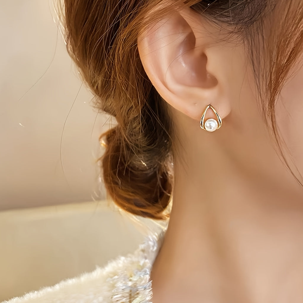 1 Par de Brincos Estilo Francês Retrô com Pérolas de Imitação Geométricas - Metal Dourado com Pérola Falsa, Joias Minimalistas para o Dia a Dia das Mulheres, Versáteis para Ocasiões Casuais e Formais, Acessórios Sazonais | Design Elegante
