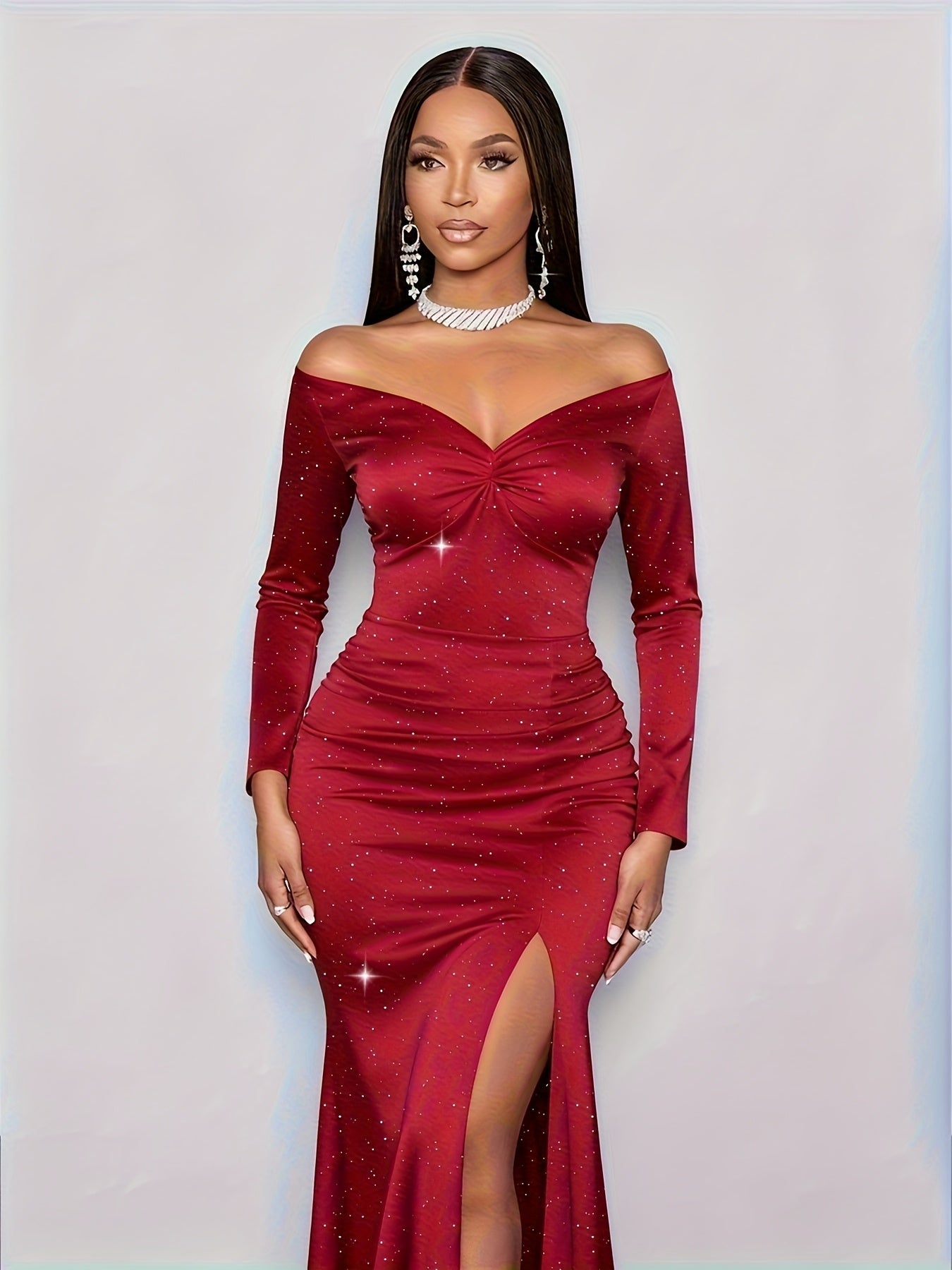 Vestido de Noite Elegante Sereia para Mulheres com Decote em V, Mangas Longas e Fenda de Lantejoulas - Vestido de Festa Formal Brilhante para Casamento, Lavável à Máquina, Comprimento Longo para Baile/Cocktail, Cauda Ajustada para Eventos de Gala (Inverno, Rosa Suave)