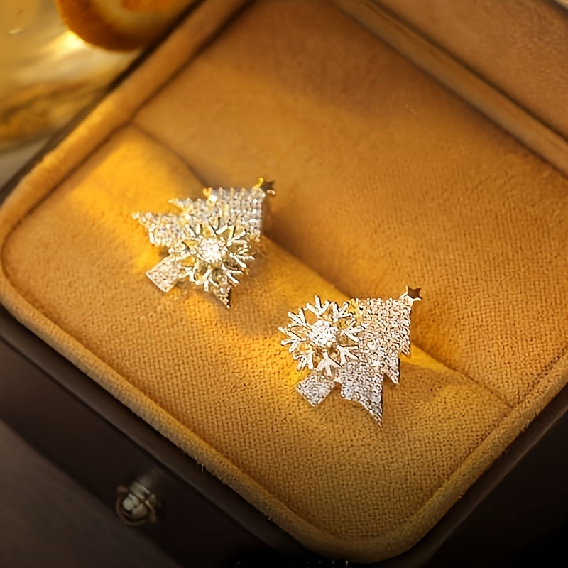 1 Par de Brincos de Flocos de Neve de Árvore de Natal Elegantes para Mulheres - Zircónia Sintética Brilhante, Cobre Sem Níquel, Perfeito para Festas de Natal e Vestuário Casual, Presente de Joias Festivas, Brincos de Natal