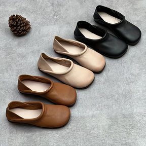 Chinelos Mocassim Retrô Femininos - Sapatilhas Marrons de Bico Redondo com Sola de Borracha Macia, Para Todas as Estações/Exterior, Fácil de Limpar e Lavável à Mão - Botinhas Baixas Amigáveis para Avós e Idosos