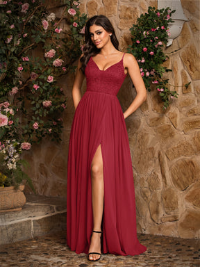 Elegante Vestido de Festa Roxo Escuro Brilhante Sem Mangas com Decote em V e Racha Alta, Ideal para Encontros Românticos, Eventos de Moda, Bailes e Cerimónias de Formatura.