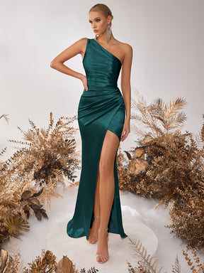 Vestido de uma alça de cetim, elegante vestido de noite comprido com bainha franzida para festa e banquete, roupa de mulher