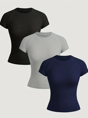 Conjunto de 3 T-shirts de Ginásio para Mulher - Tops Desportivos com Absorção de Humidade e Fecho de Zíper Completo, Tecido Elástico e Respirável para Corrida, Yoga, Ginásio, Mulher, Material de Alta Elasticidade, Design Desportivo, Treino e Roupa Casual - Rosa (Lavável na Máquina)
