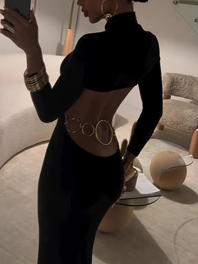 Vestido elegante preto para mulheres - Manga comprida, corte A, tecido não transparente para outono/inverno, escritório, festa, roupas casuais - ZLLZ Vestidos chiques para mulheres, atuário de escritório, design sofisticado, material durável, vestido elegante, amantes da moda, vestido para senhora/mulher