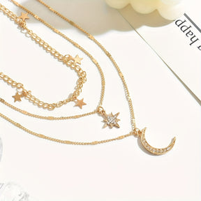 Colar dourado em camadas de estilo boémio elegante com pingentes de estrela e lua - Revestido em ouro 14K, detalhes de strass, presente perfeito para ela, joias de uso diário|Colar boémio|Pingente detalhado, colar em camadas