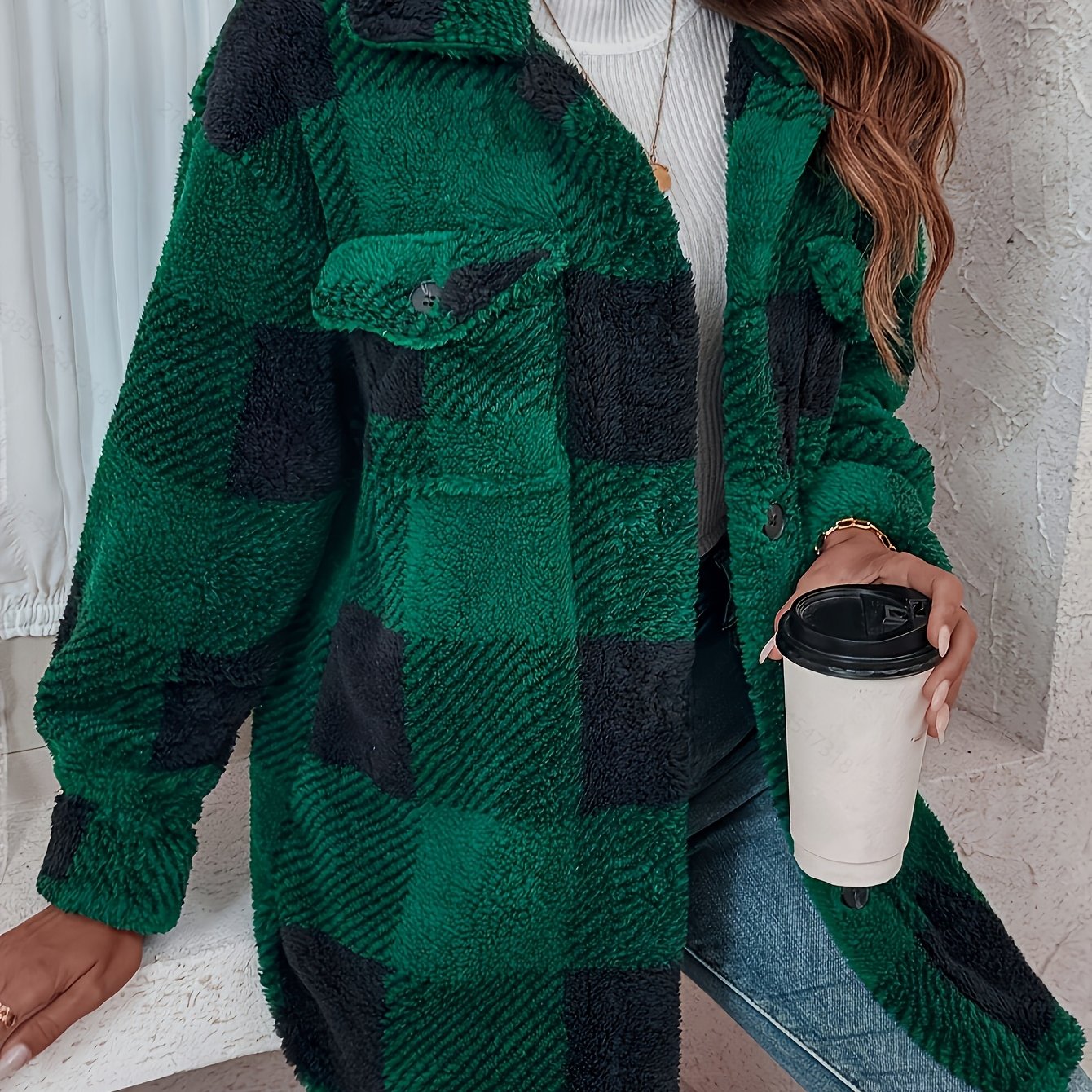Elegant Plush Winter Jacket - Chic Plaid Design
