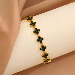 1pc Pulseira Elegante de Aço Inoxidável - Design Floral Trevo de Quatro Folhas com Corrente Verde e Tom Dourado, Compatível para Uso Diário, Festas ou Formais - Presente Perfeito de Aniversário/Aniversário para Ele - Joia Masculina para o Ano Todo, Acessório Estiloso, Artesanato Fino, Moda para Amantes da Estética