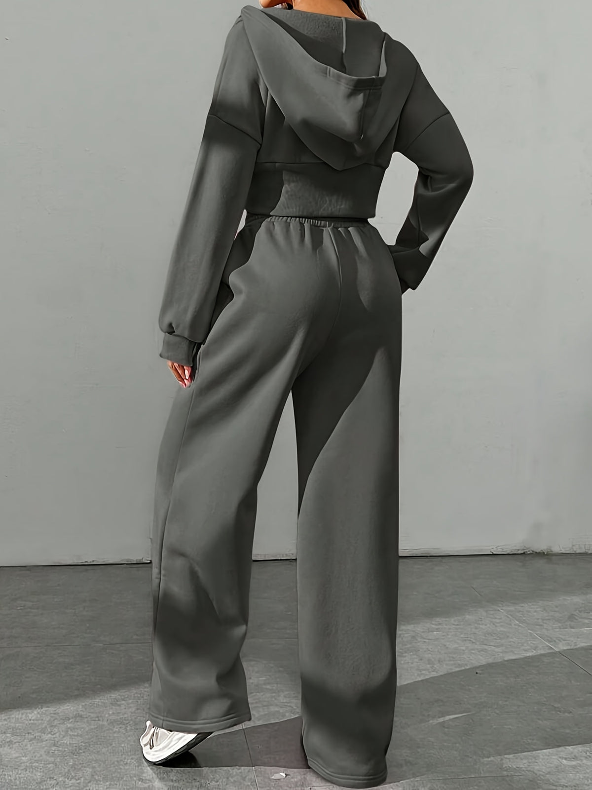 Conjunto Casual Feminino de Duas Peças em Cor Sólida: Jaqueta com Capuz e Zíper & Calças Jogger com Cintura Elástica - Poliéster, Lavável à Máquina