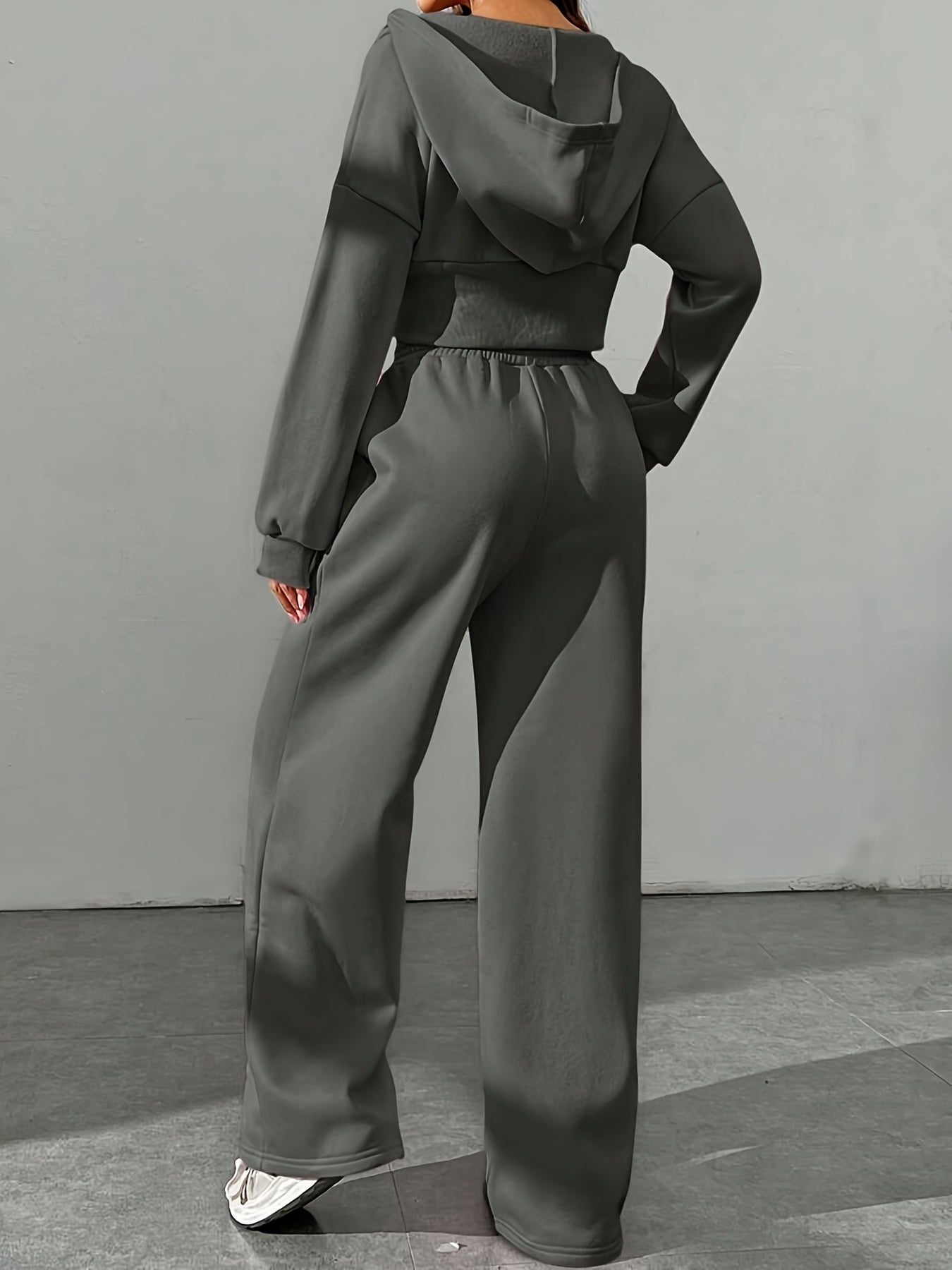 Conjunto Casual Feminino de Duas Peças em Cor Sólida: Jaqueta com Capuz e Zíper & Calças Jogger com Cintura Elástica - Poliéster, Lavável à Máquina