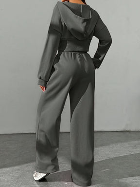 Conjunto Casual Feminino de Duas Peças em Cor Sólida: Jaqueta com Capuz e Zíper & Calças Jogger com Cintura Elástica - Poliéster, Lavável à Máquina