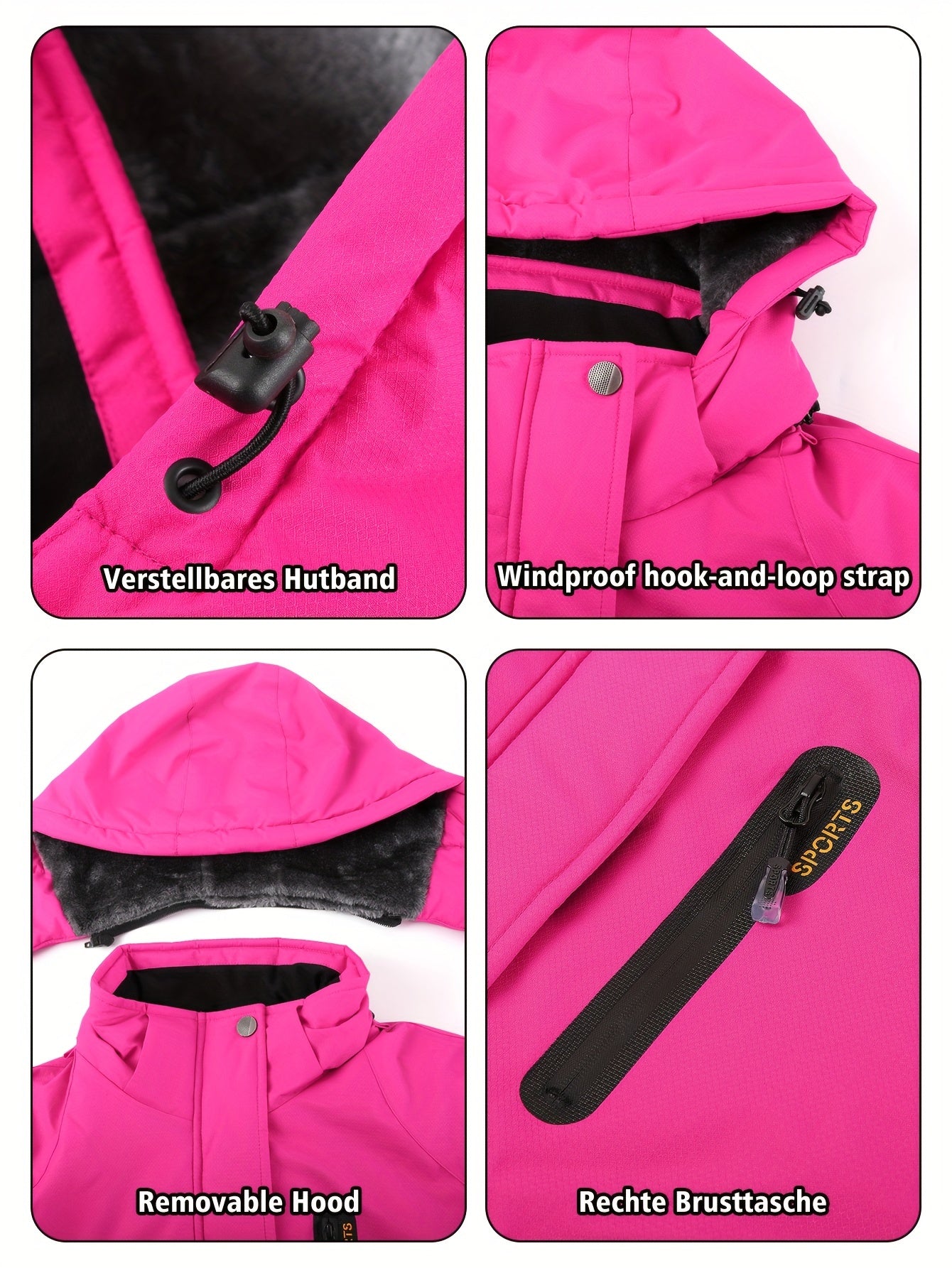 Casaco de esqui feminino com forro azul claro, capuz removível, gola de corte completo com fecho de correr, design com capuz, forro de lã multi-bolsos, ideal para esportes de inverno, snowboard, caminhadas e acampamentos, casaco de esportes de inverno|casaco com capuz|casaco forrado