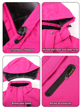 Casaco de esqui feminino com forro azul claro, capuz removível, gola de corte completo com fecho de correr, design com capuz, forro de lã multi-bolsos, ideal para esportes de inverno, snowboard, caminhadas e acampamentos, casaco de esportes de inverno|casaco com capuz|casaco forrado