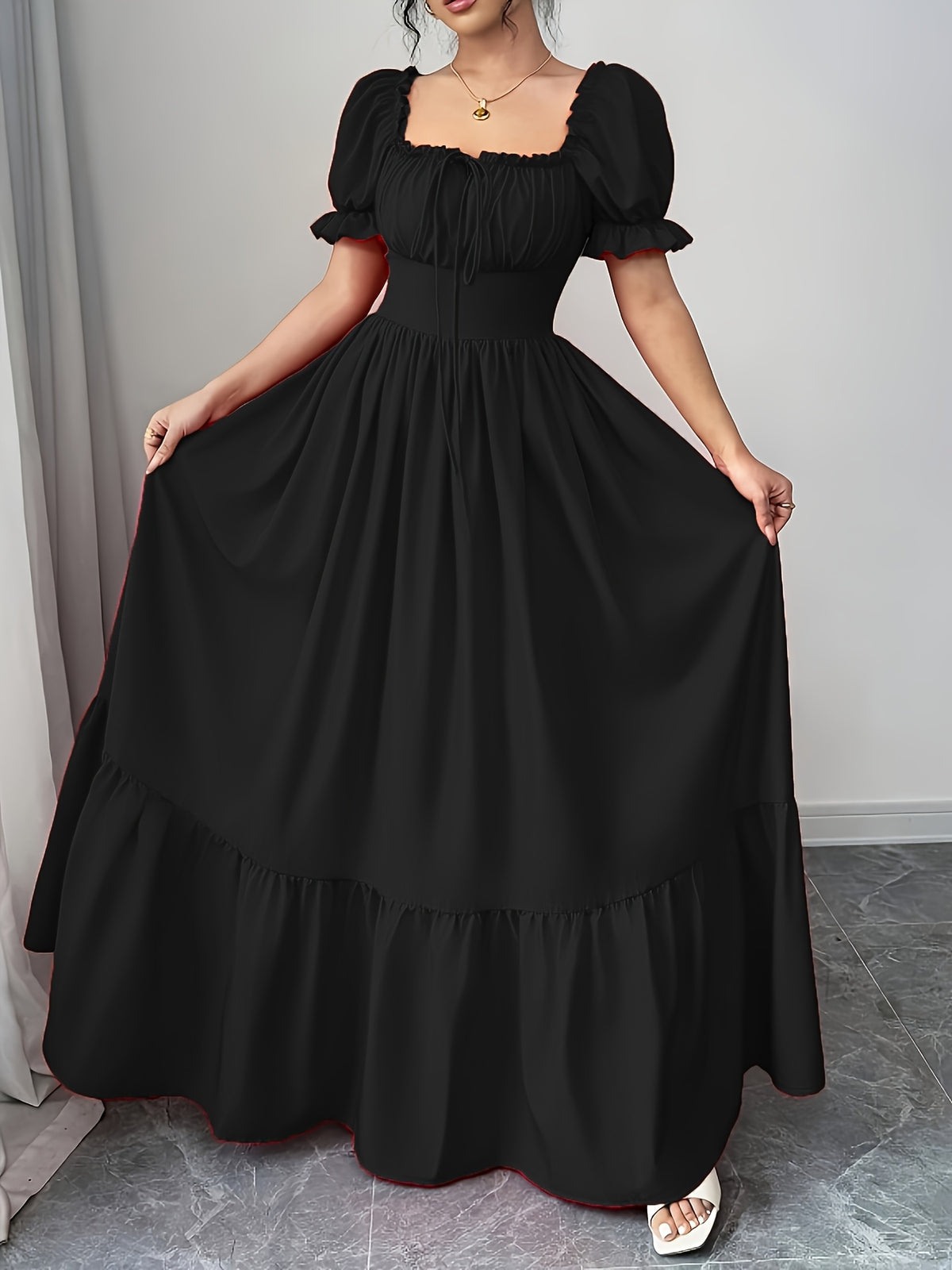 Women's Square Neck Bubble Sleeve Bow Front Open Back High Waist Dress