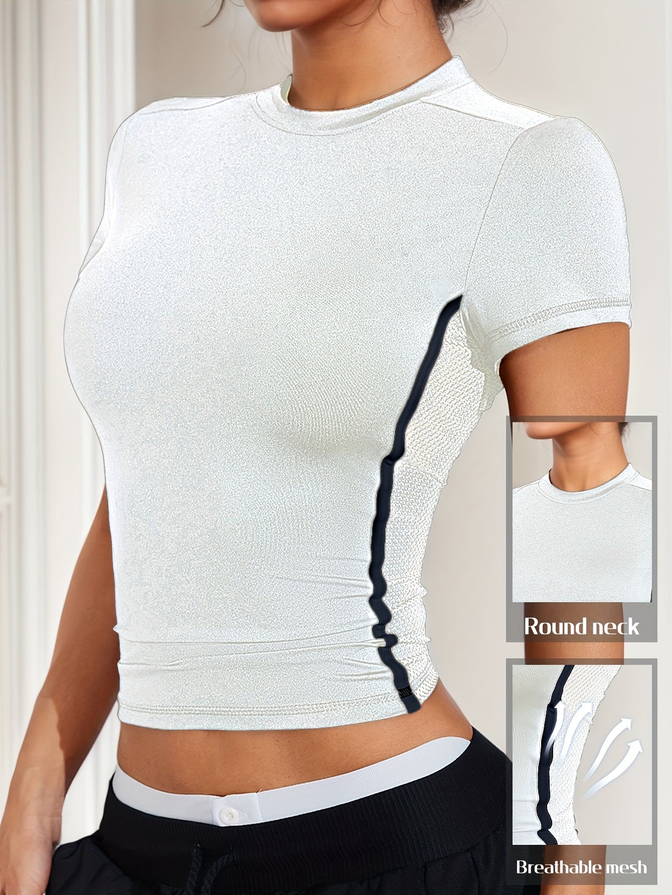 T-shirt de Yoga Feminino - Top de Treino Slim Fit com Painéis Laterais em Malha, Tecido Elástico e Respirável para Ginásio, Corrida, Caminhada - Camisola Desportiva de Primavera/Outono em Rosa/Branco/Preto/Cinzento/