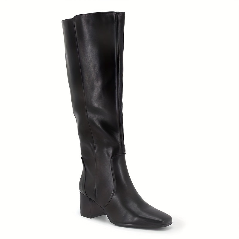 Botas de cano alto para mulheres, botas de salto médio com bloco grosso, ponta quadrada, botas altas com fecho lateral e zíper, botas longas de salto alto para mulheres
