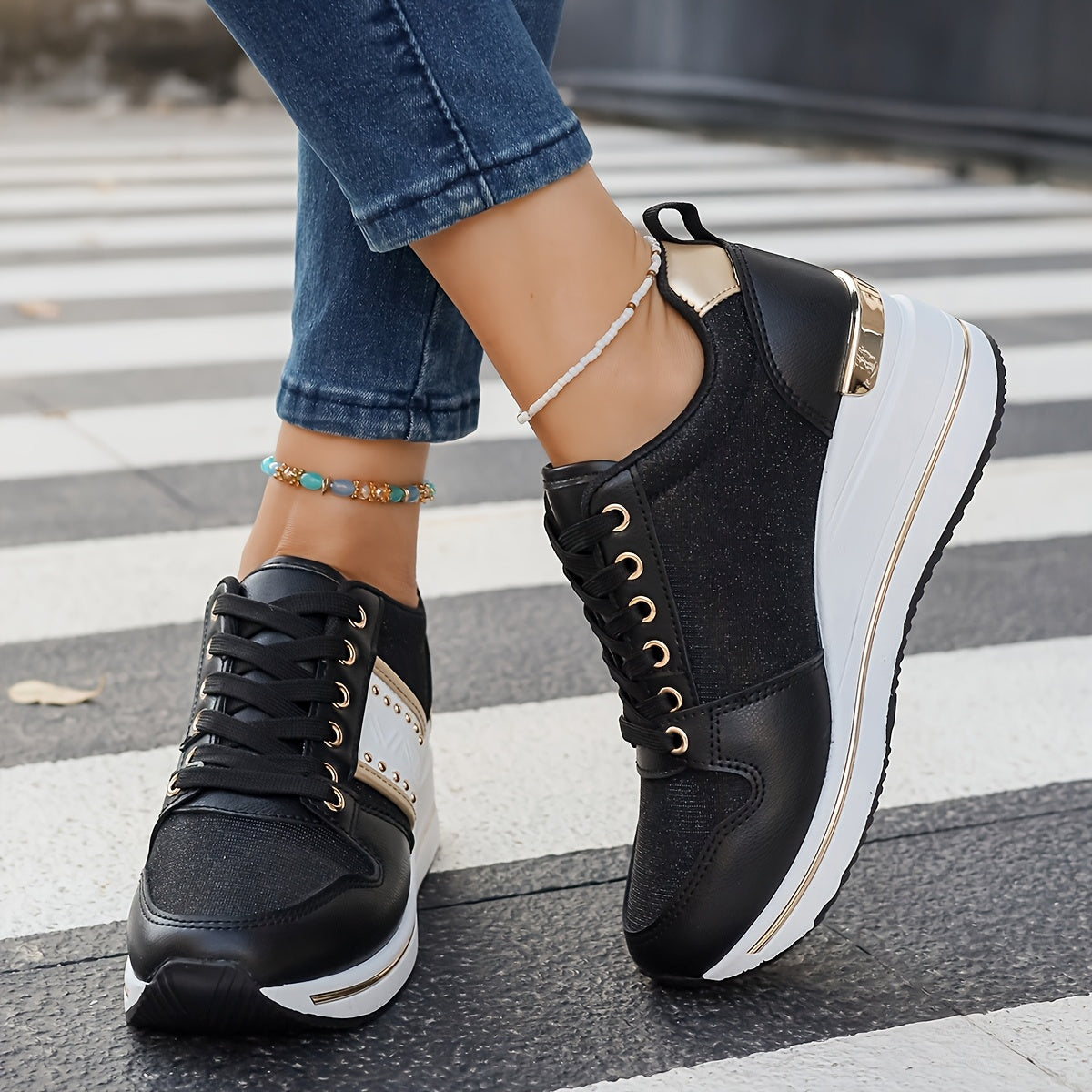 Women'S Stylish Black Sneakers with 2.76inch Insole - Non-Slip, All-Season Comfort, Motion-Control Support, Polyurethane Upper, Fabric Lining & Sole, Casual Elegance, Casual Footwear | Stylish Sneakers | Comfortable Footwear