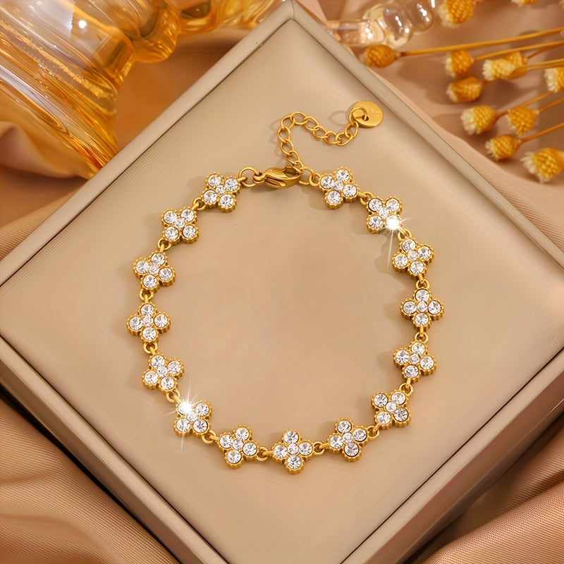 1pc Pulseira Elegante de Aço Inoxidável - Design Floral Trevo de Quatro Folhas com Corrente Verde e Tom Dourado, Compatível para Uso Diário, Festas ou Formais - Presente Perfeito de Aniversário/Aniversário para Ele - Joia Masculina para o Ano Todo, Acessório Estiloso, Artesanato Fino, Moda para Amantes da Estética