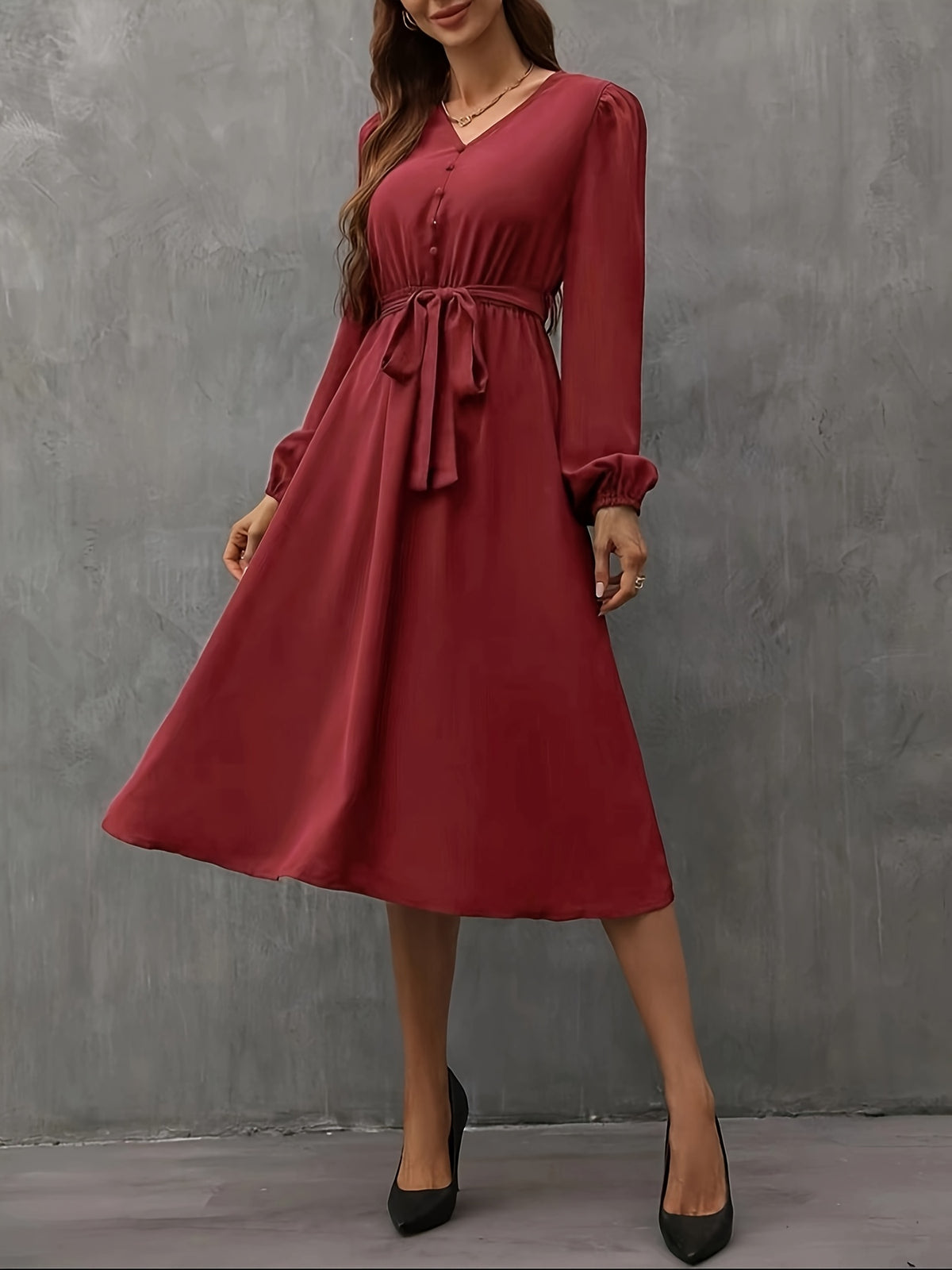 Vestido de Mulher Francês Vintage Borgonha com Decote em V, Mangas com Folhos e Laço na Cintura - Vestido Elegante de Festa, Casamento, A-Line, Corte Flattering para Gala de Natal