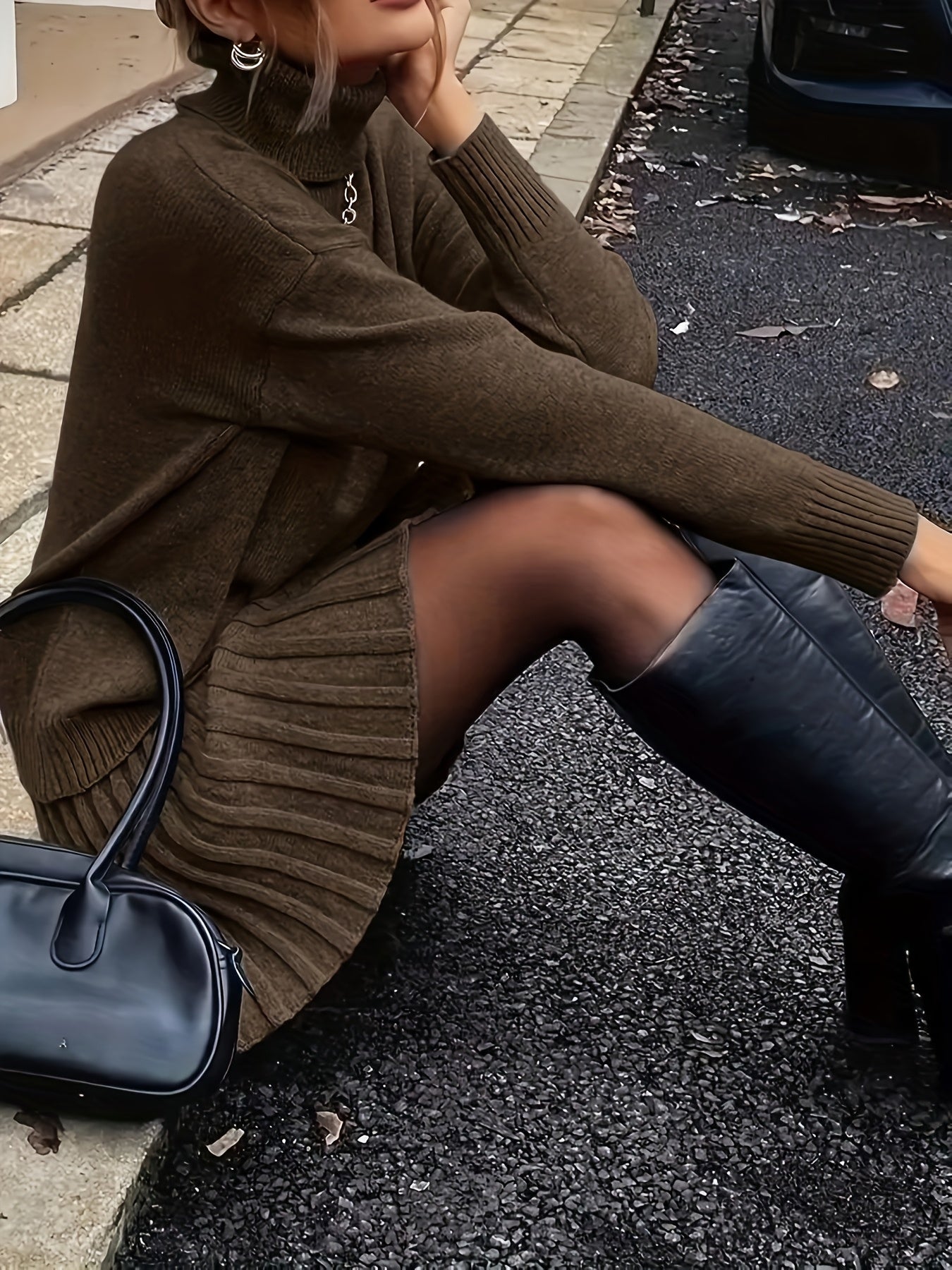 Conjunto Elegante de Camisola de Gola Alta e Saia de Cor Lisa para Mulher - Manga Comprida, Bainha com Folhos, Roupa de Outono/Inverno, Estilo Casual Chic, Perfeito para Roupa Casual, Roupa Aconchegante de Outono, |Estilo Elegante|construção, Vestido de Camisola