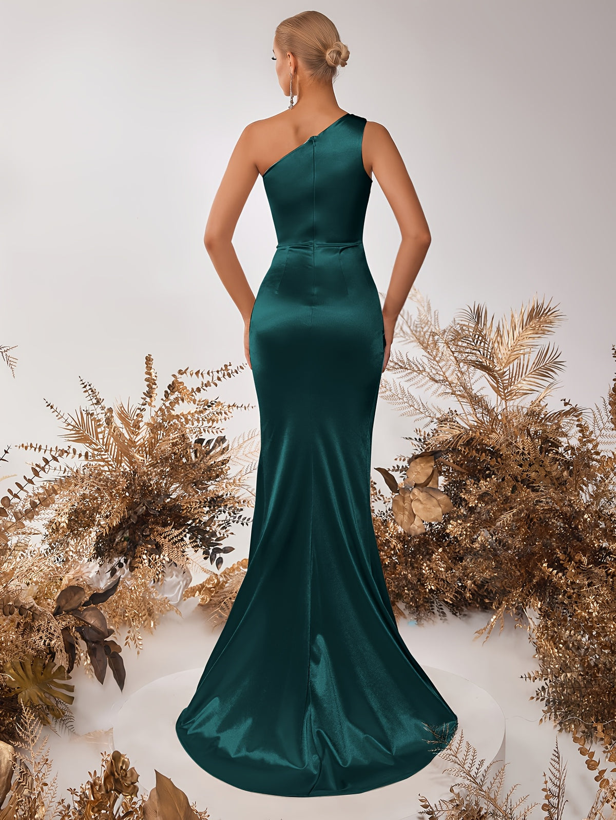 Vestido de uma alça de cetim, elegante vestido de noite comprido com bainha franzida para festa e banquete, roupa de mulher