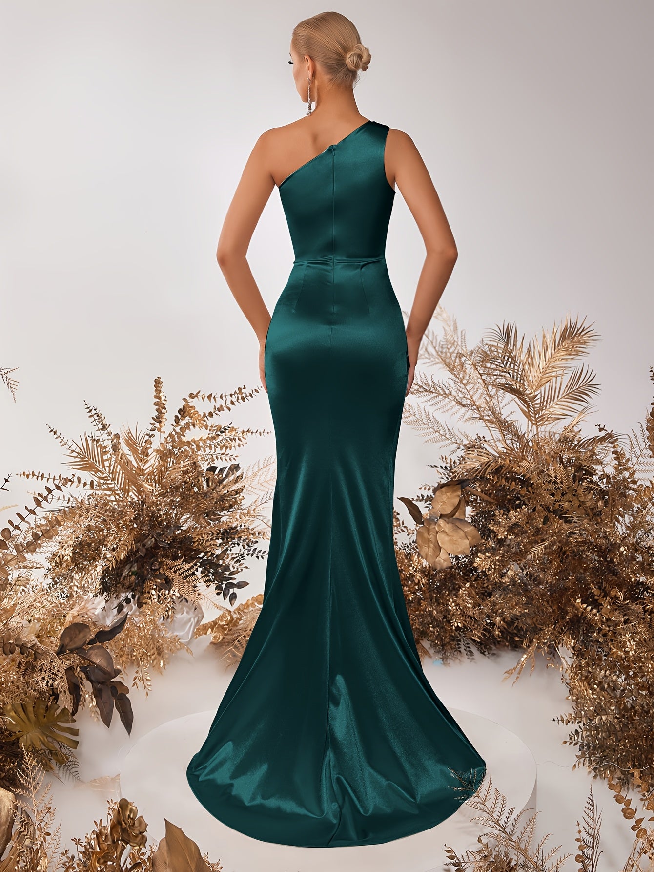 Vestido de uma alça de cetim, elegante vestido de noite comprido com bainha franzida para festa e banquete, roupa de mulher