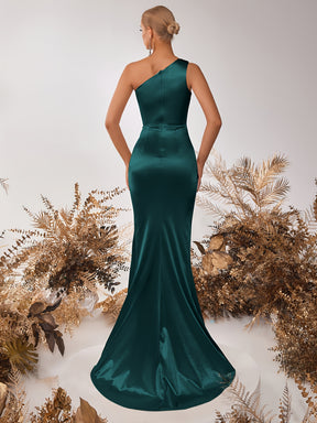 Vestido de uma alça de cetim, elegante vestido de noite comprido com bainha franzida para festa e banquete, roupa de mulher