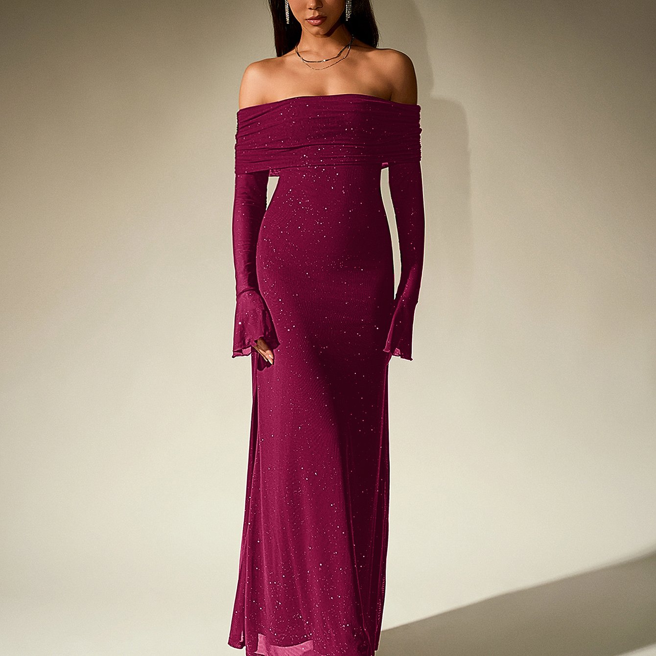 Elegant Off-Shoulder Sequin Maxi Dress with Bell Sleeves