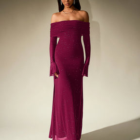 Elegant Off-Shoulder Sequin Maxi Dress with Bell Sleeves